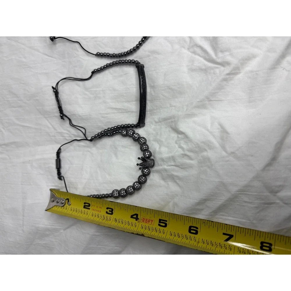 Mens Black Beaded Bracelets Crown Bar Square Accent Set 3